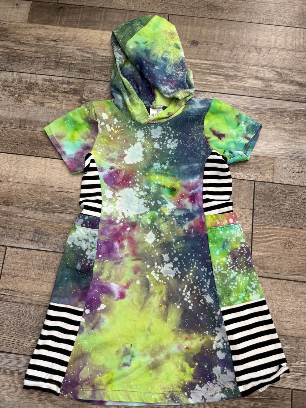 ✨ NWOT Salty Neon Galaxy Hooded Dress with Black & White Stripe Panels